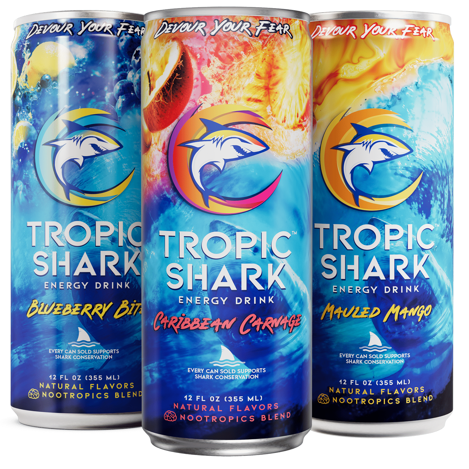 cans_WEB Tropic Shark Energy Drink, TropicShark, Tropic Shark, Blueberry Bite, Mauled Mango, Caribbean Carnage